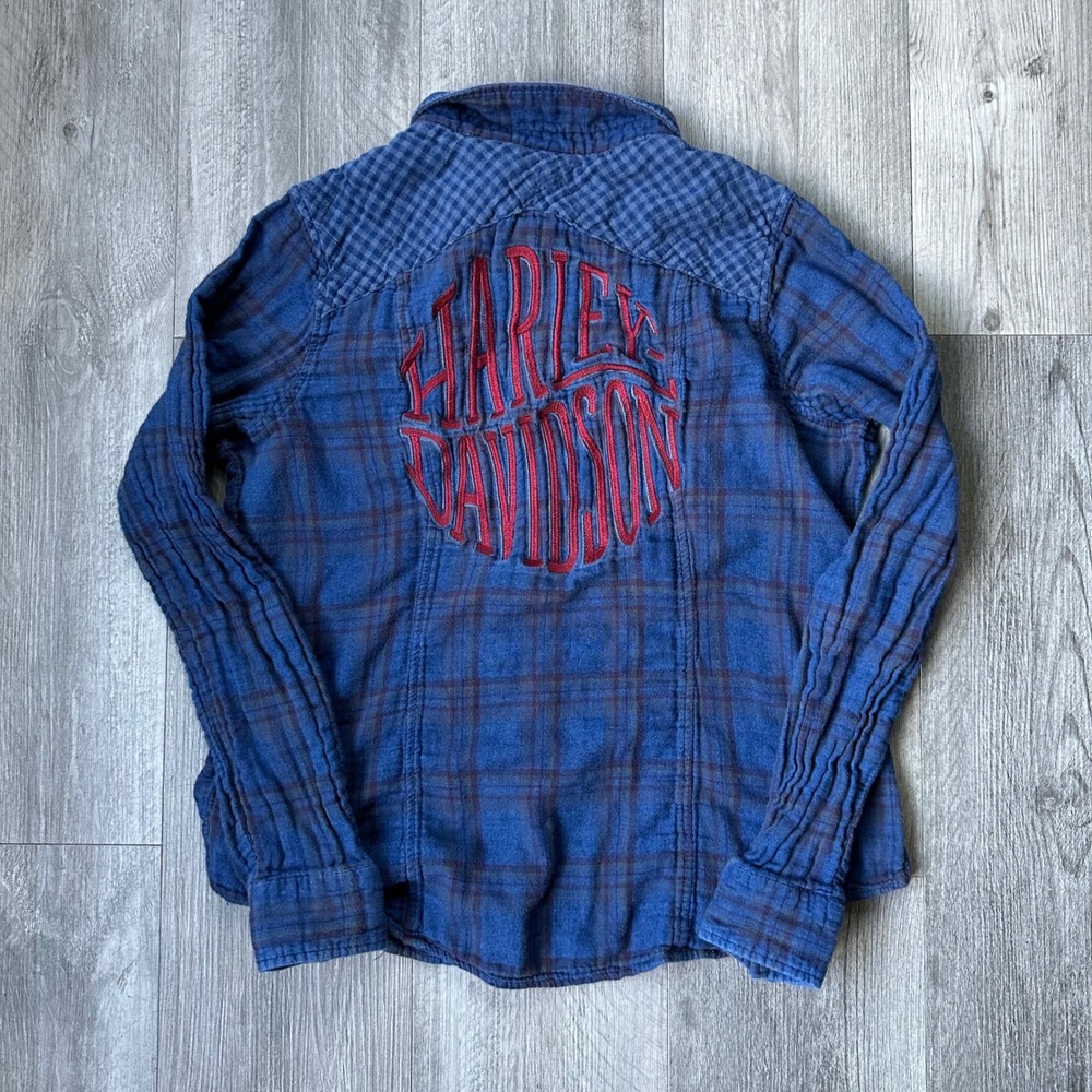 Womens Harley-Davidson Blue Plaid Quilted Flannel Shirt Harley Logo XL fits XS